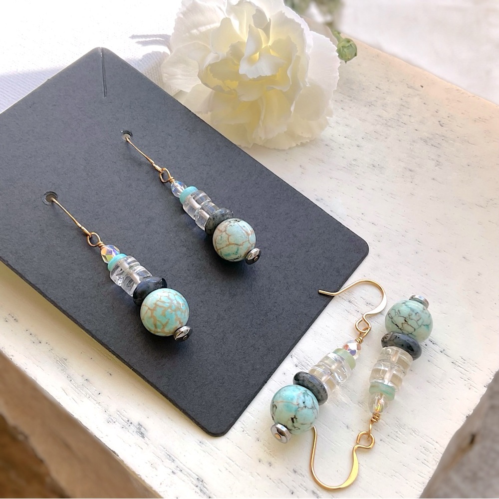 Dumortierite and Turquoise Crystal earrings,Gold plated dangle stone earrings